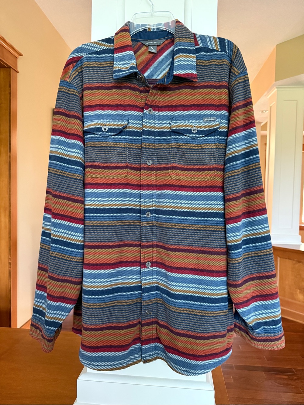 Eddie Bauer Men's TXL Striped Button-Up Shirt Jacket - Blue, Red, Brown